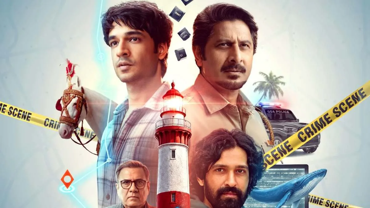 Official poster for Pritam and Pedro, showing Arshad Warsi and Vir Hirani surrounded by Goa police tape, a lighthouse, and cybercrime motifs